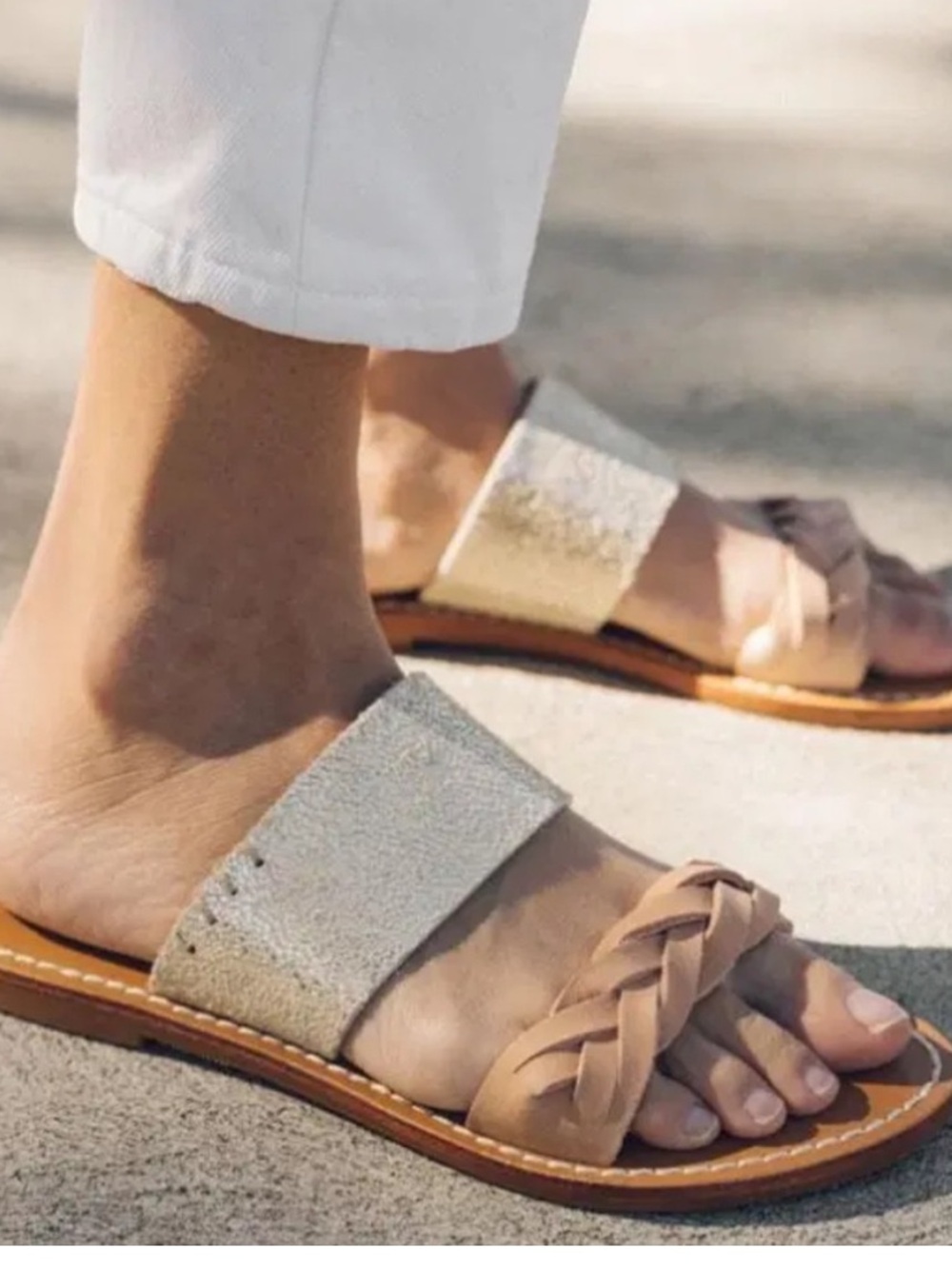 SOLUDOS Metallic Braided Beige and Tan Slide Sandals 7